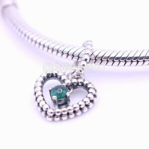 Authentic PANDORA May Rain-Forest Green Beaded Heart Dangle - 798854C05